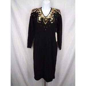Vintage Outlander Petites Leslie Fay Black Knit Gold Sequin Sweater Dress PS New